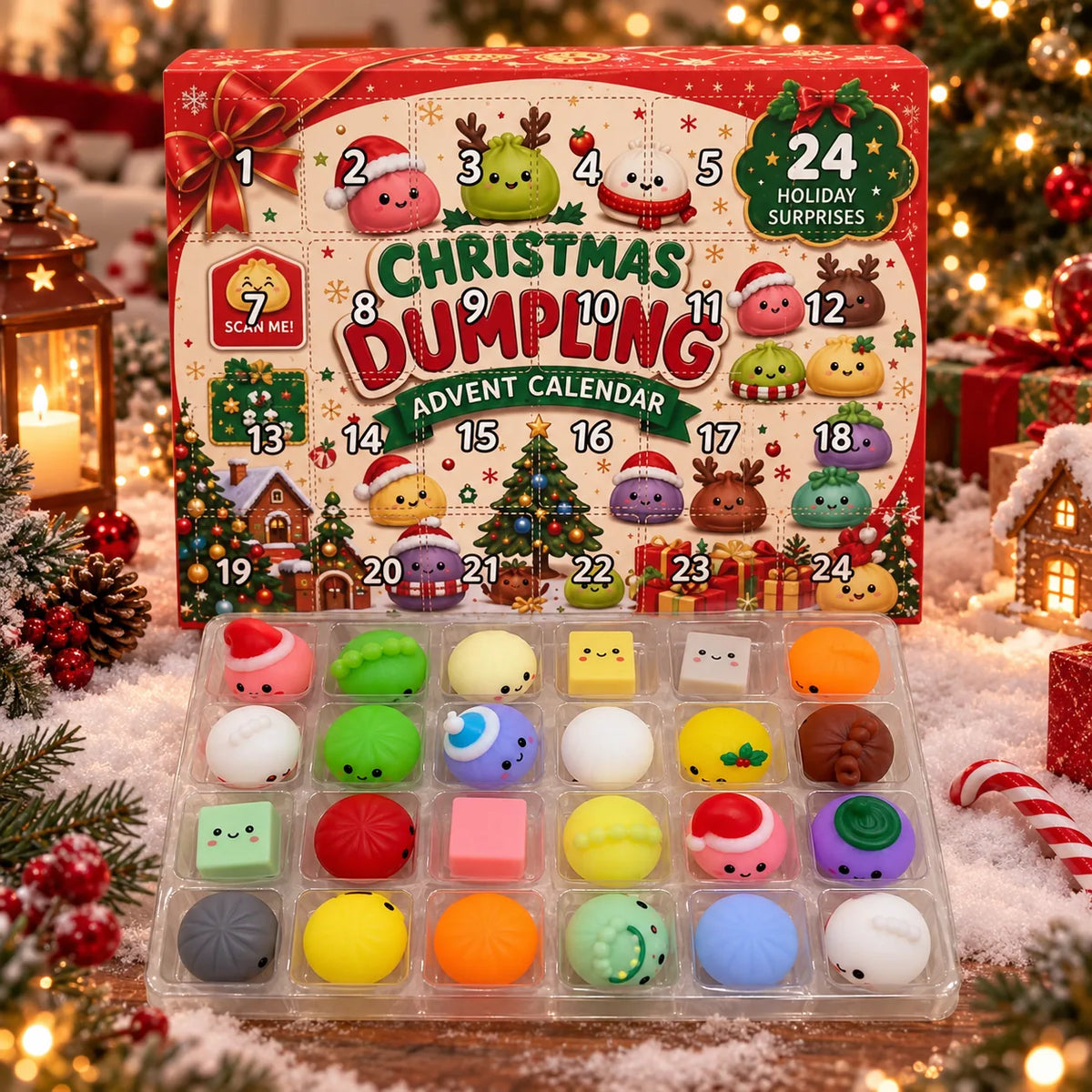 Squishy advent calendar opened with holiday squishies